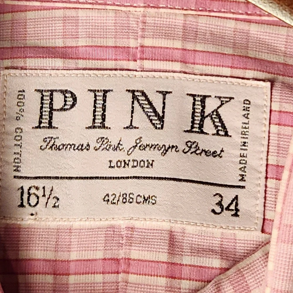 Thomas Pink Dress Shirt Mens 16.5 34 Pink White Check Button Down Double Cuff